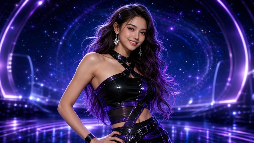 NOVA — Charisma of ATLAS 5. wavy dark hair with violet accents, bright expressive performer energy, black-and-purple futuristic styling.